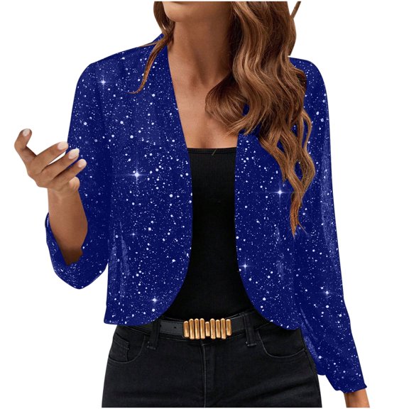FAVIPT Sequin Bolero Shrugs for Women Open Front Long Sleeve Fashion Cropped Blazer Mesh Glitter Evening Party Cardigan Navy,XXL