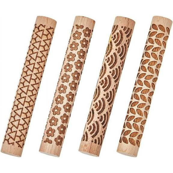 Set of 4 Clay Modeling Pattern Rollers Kit 3 Style Flower Sea Wave Leave Triangle Textured Rolling Pins Potters Stamp Roller for Ceramic Slabs Glaze Design Painting Handmade 3.94 Inch