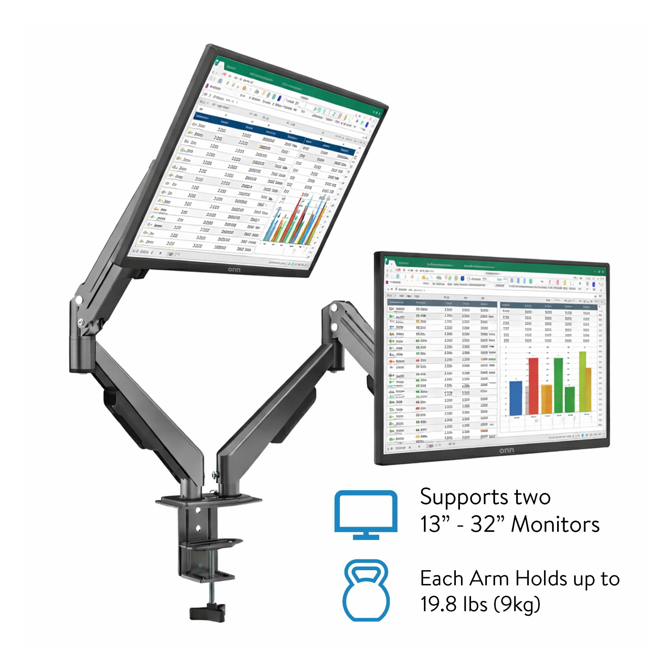 onn Dual Monitor Desk Mount for 13"-32" Monitors, Spring-Assisted Adjustable Arms, VESA Compatible, Holds up to 19.8 lbs