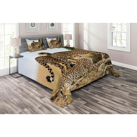 Inc Cheetah Bedding Africa Coverlet Set, Cheetahs Mother and Two Young Baby Looking for Food Dangerous Exotic Animals, Decorative Quilted Bedspread Set with Pillow Shams Included, Tan Black, by Ambesonne ()