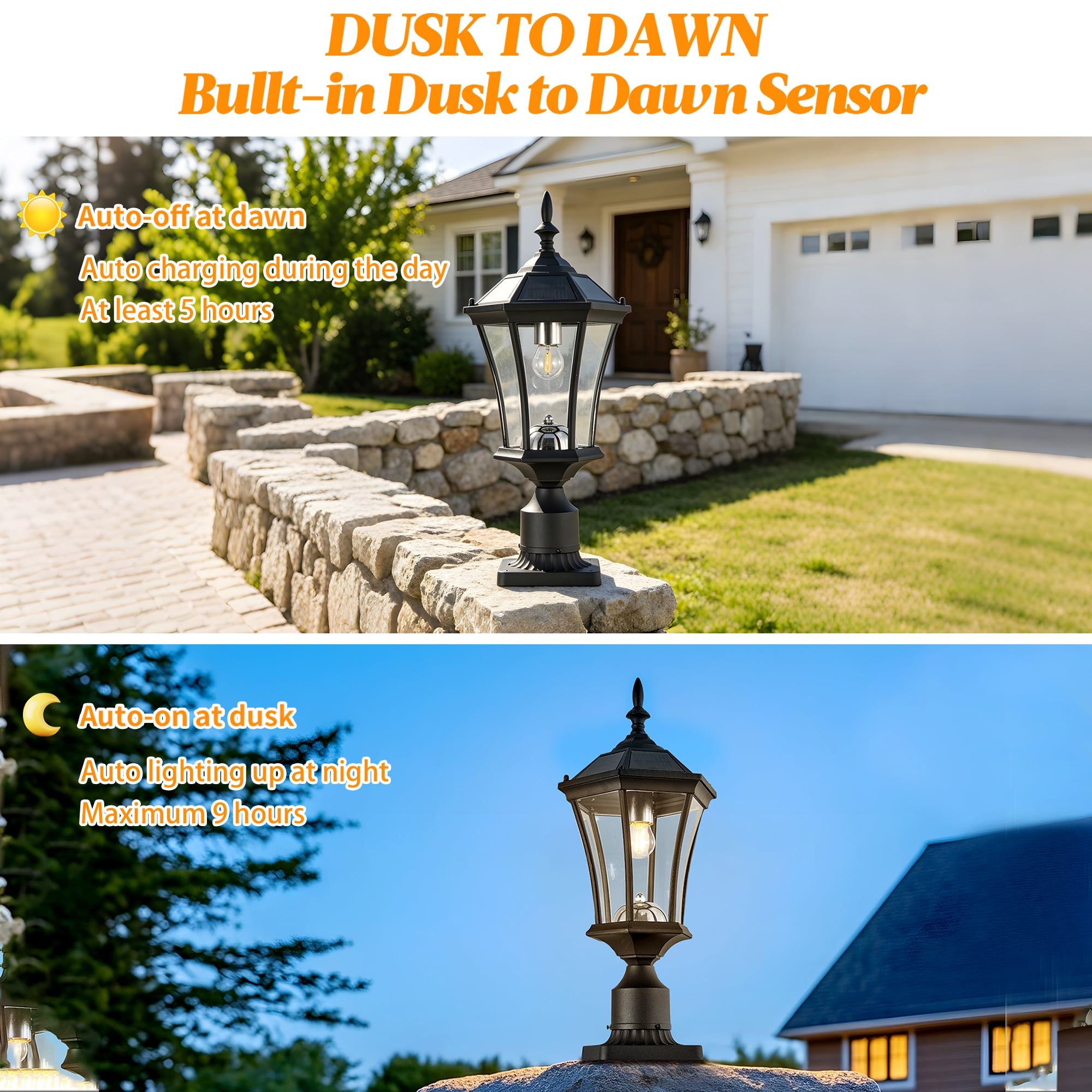 Solar Post Light with Dusk to Dawn Sensor and Pier Mount Base, Black Lantern for Yard, Garden, and Pathway, Black