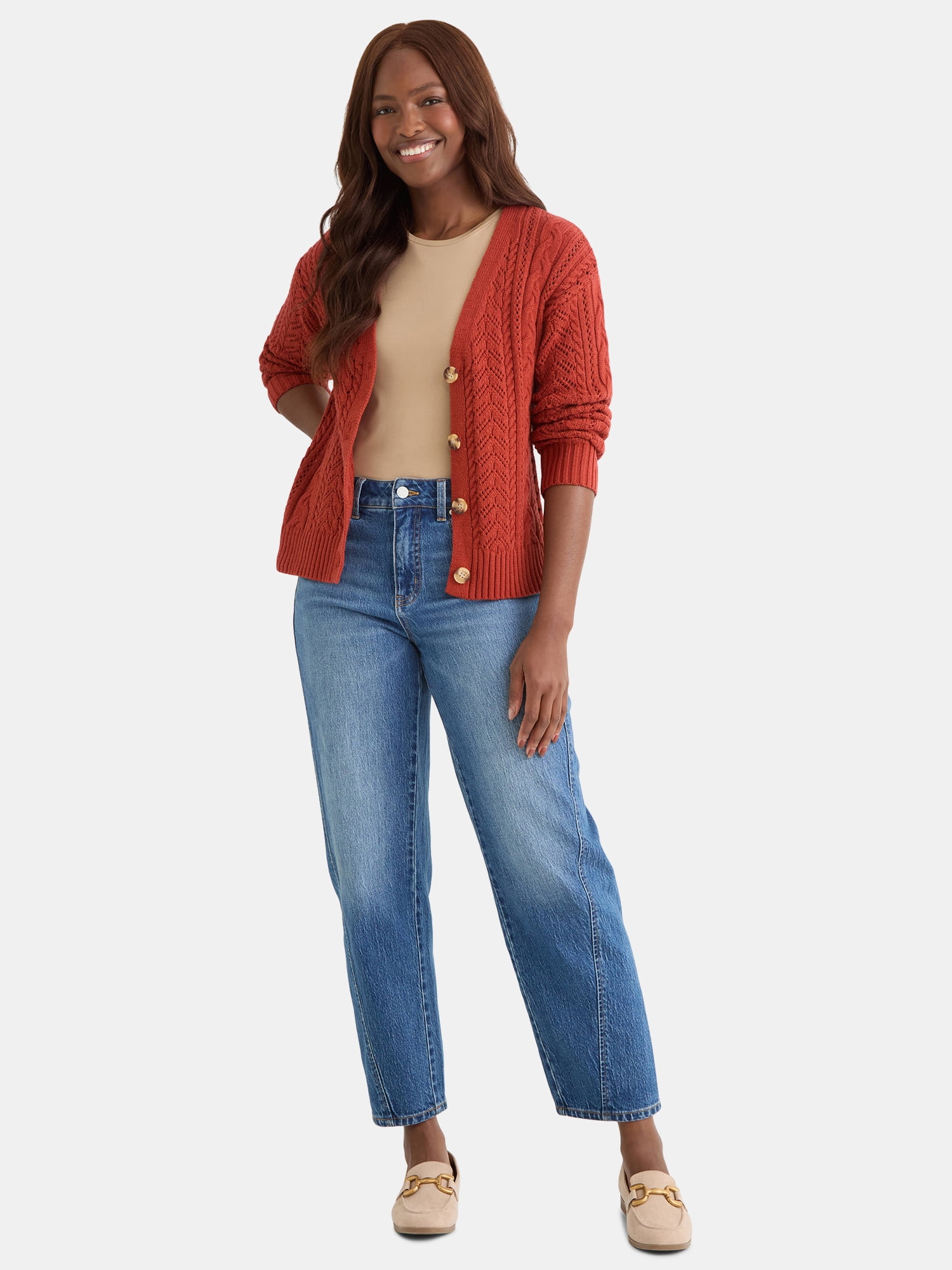 Time and Tru Women's and Women's Plus Cable Knit Cardigan Sweater, Lightweight, Sizes XS-4X