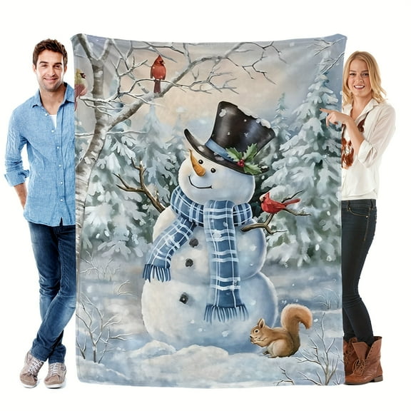 Blanket Gift Flannel Blanket With Little Snowman And Animals In The Snow Pattern Warm Soft Lightweight Suitable For Sofa Bed Travel Camping Living Room Office Couch Chair And Bed
