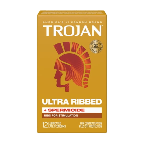 Trojan Ultra Ribbed Plus Spermicide Latex Lubricated Ribbed Condoms, 12 Count