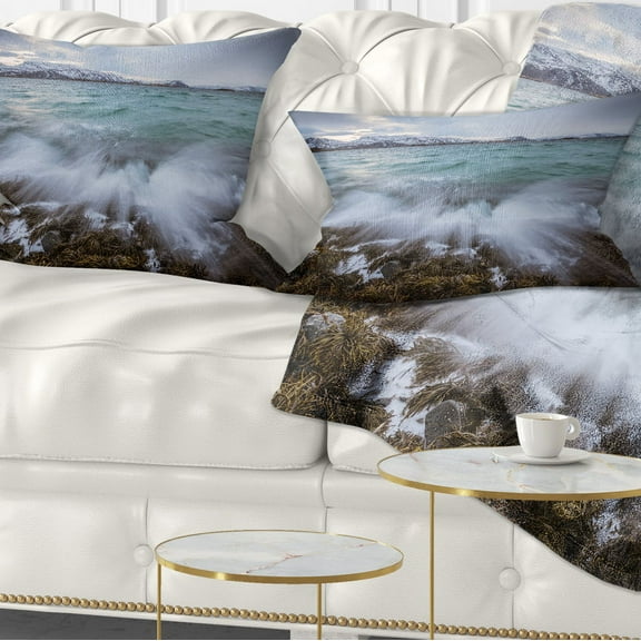 Designart Waves Splashing Rocks in Norway - Modern Seascape Throw Pillow - 12x20
