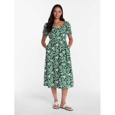 Time and Tru Women’s Tie Back Cotton Midi Dress with Short Puff Sleeves, Sizes XS-XXXL