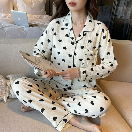 

PIKADINGNIS Autumn Winter New Warm Womens Pajamas Long-sleeved Trousers Two-piece Set Gauze Cotton Crepe Cute Soft Homewear Suit Women