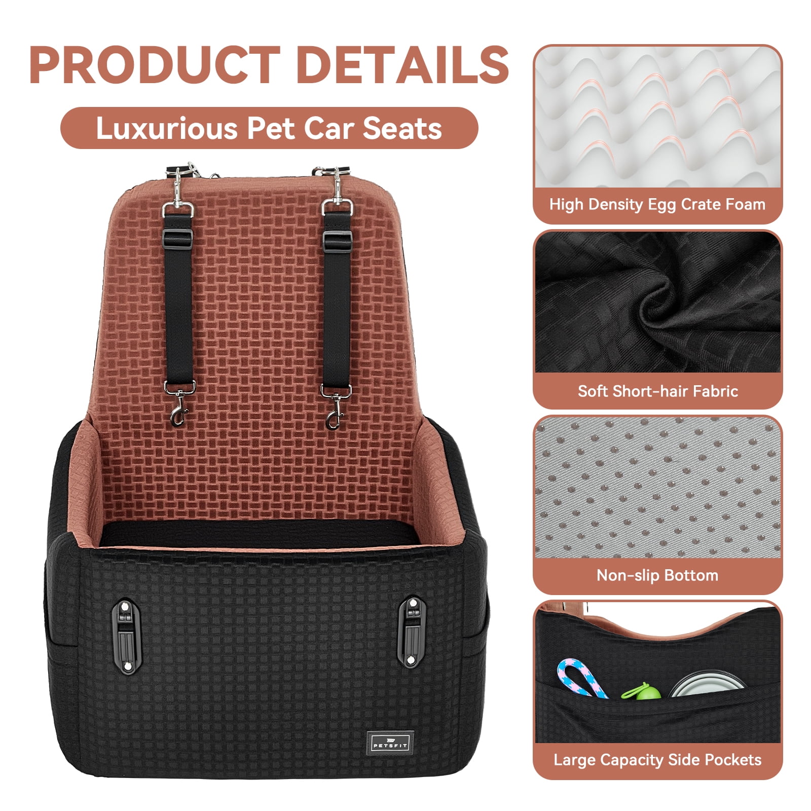 PETSFIT Dog Car Seat for Small/Medium Dogs Up to 35 lbs – Patented Safety System, 6" Memory Foam Pet Booster Car Seat, Fully Detachable and Washable (Black/Brown)