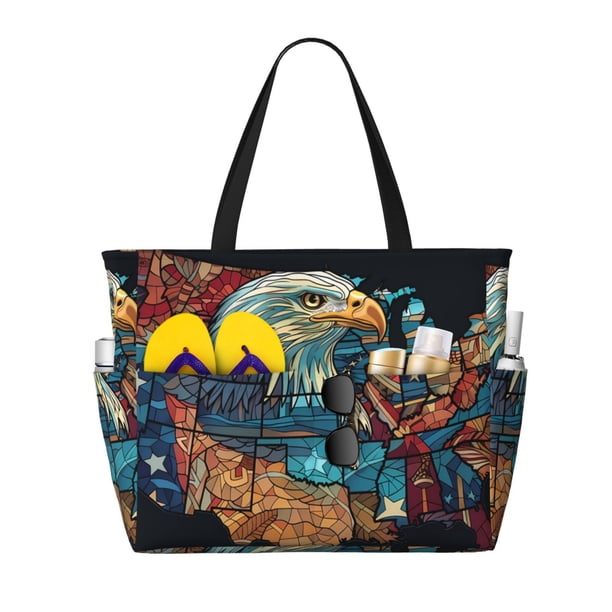 Easygdp Stained Glass Eagle USA Bolsa de Viaje de Playa de Gran Capacidad, Bolsa Tote Perfecta para la Playa, Escapadas de Fin de Semana y Viajes
