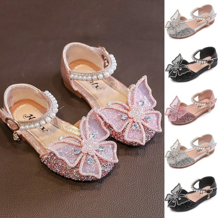 

Girls Dress Shoes Big Bow Mary Jane Wedding Flower Bridesmaids Low Heels Glitter Sequins Princess Ballet Flats Shoes Pink for Kids (US 10.5 Little Kid)