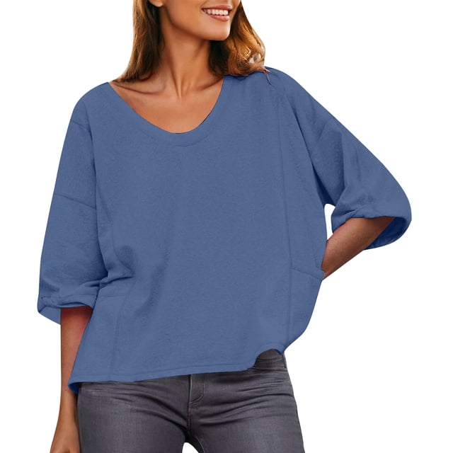 Plebaso Womens Oversized T-Shirts with Pockets Casual Short Sleeve Tee Solid Color Summer Loose Blouses