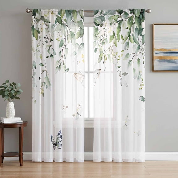 Eucalyptus Sheer Curtains 63 Inch Length 2 Panels Set, Butterfly Sage Green Leaf Farmhouse Plant Voile Window Treatment Rod Pocket Curtains Sheers Drapes for Bedroom/Living Room/Kitchen 52x"63"x2