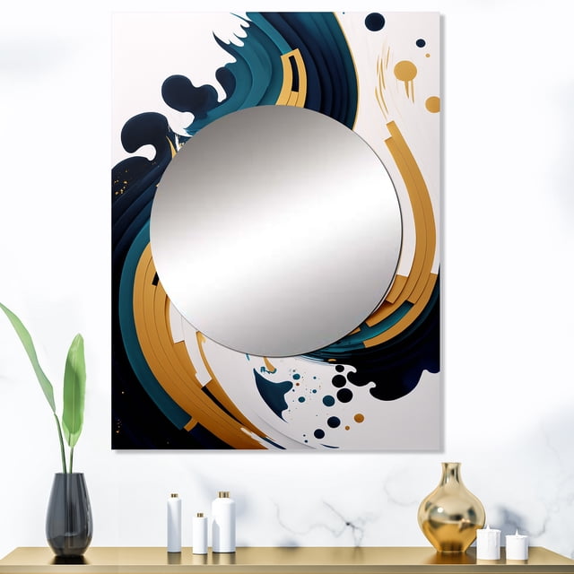Designart "Abstract Fusion in Blue and Gold VII" Abstract Mirror Wall Decor - Modern Blue Abstract Large Mirror For Wall Art Decor - 40" x 30" Inch