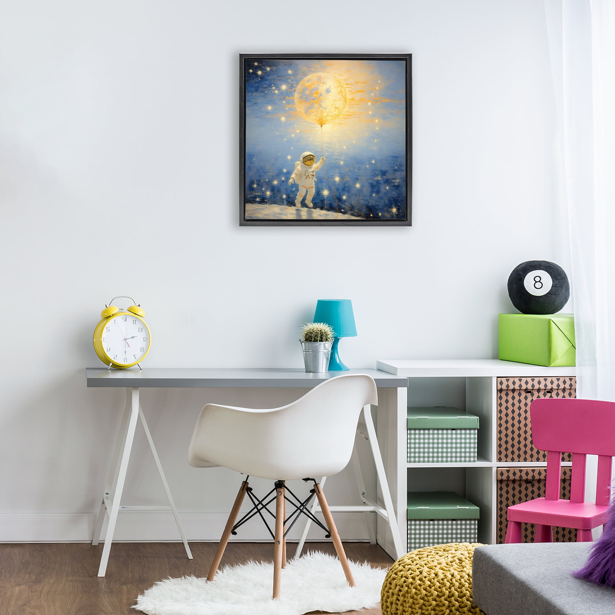 Astronaut with Dreamy Cosmic Balloon Black Framed Floater Canvas Wall Art, design by Angie Hawke