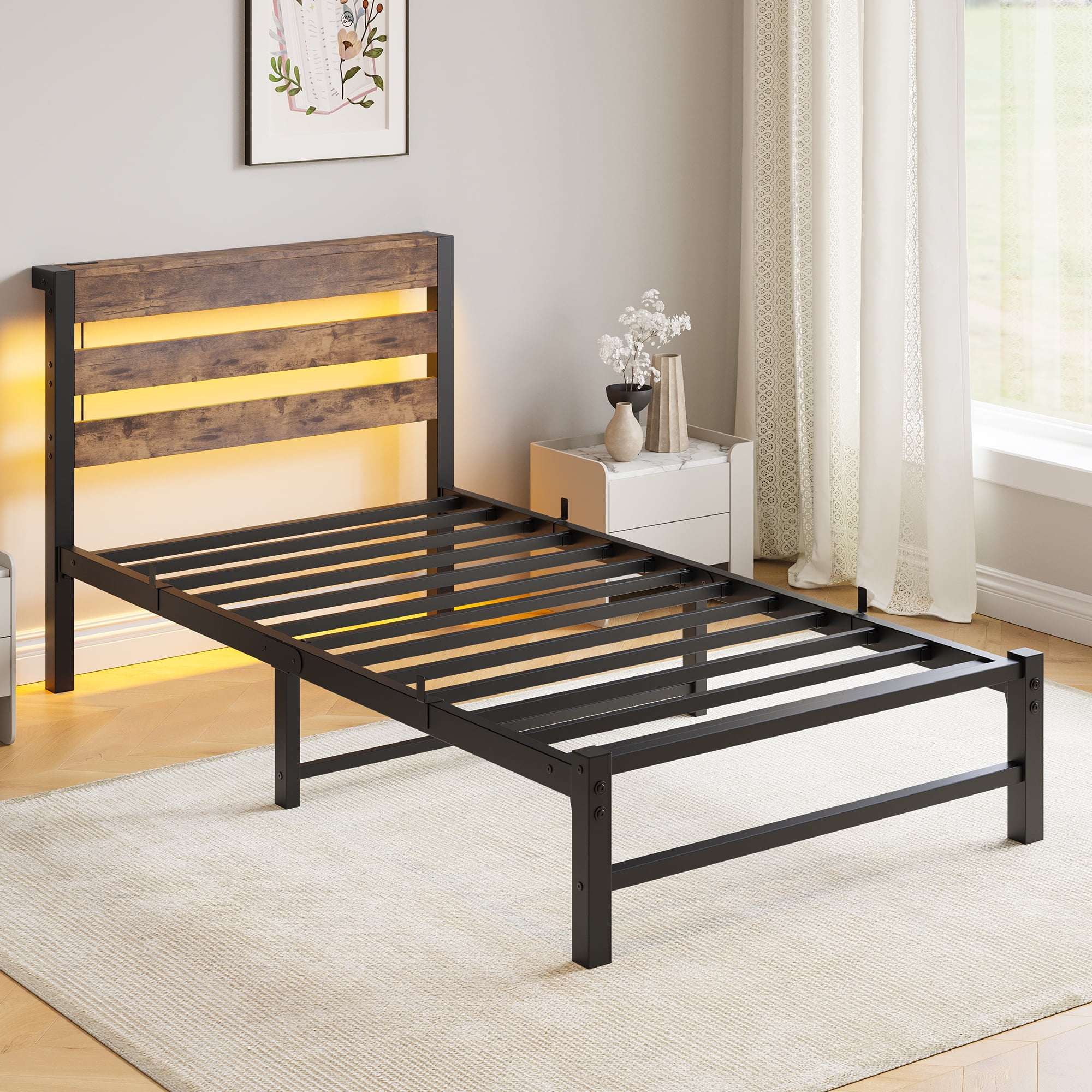 Yoneston Twin Size Bed Frame with LED Night Storage Headboard and USB Charging Station, 11" Black Duty Metal Platform Bed for Kids Childs Teens