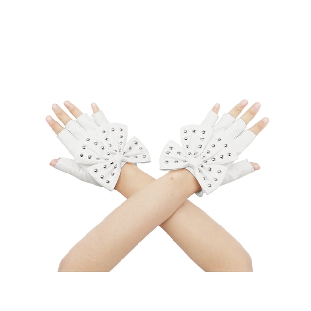 Guantes de cuero sintético para mujer Inspire Chic, guantes de muñeca punk gótica con lazo con tachuelas, talla única, dedo medio blanco