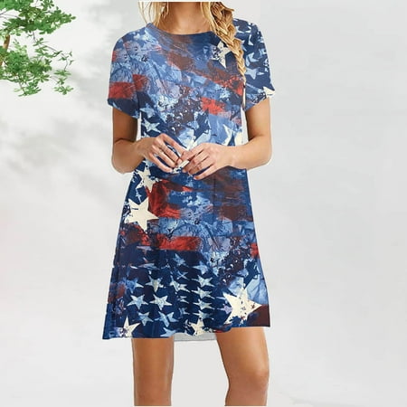 

Hvyesh Womens Summer Dresses 2023 Casual Beach Midi Dress American Flag Pattern Crew Neck Sundresses Short Sleeve Breezy Dresses Blue