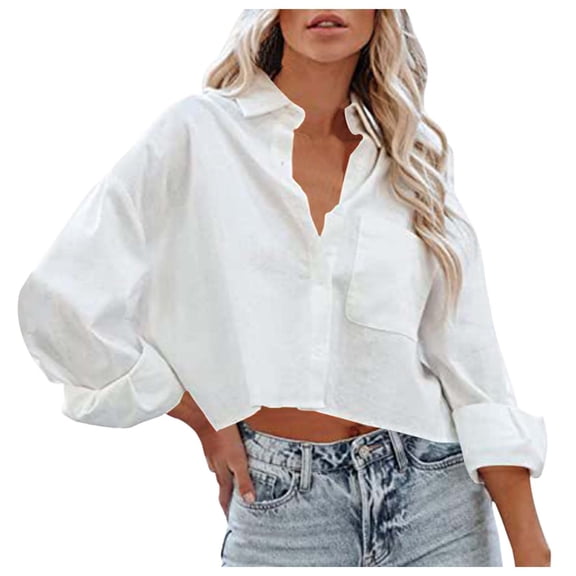 Alun Womens Button down Cropped Shirts Long Sleeve Casual Crop Tops Solid Color Lapel Blouse Shirt with Chest Pocket Lightweight Soft Comfort Summer Clothes 2—White XL