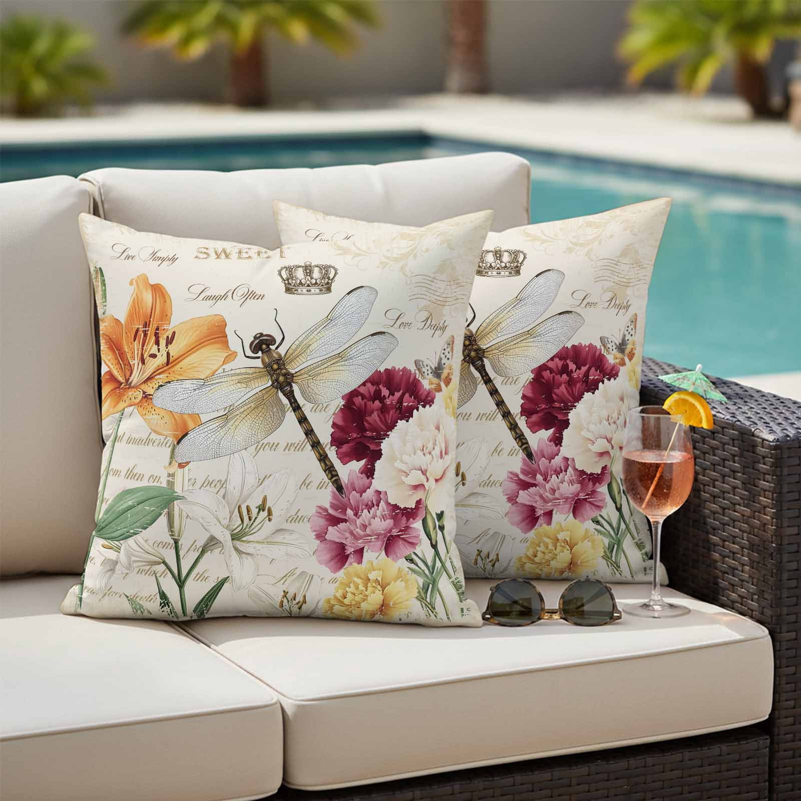 Outdoor Waterproof Pillow Covers Spring Blossom Flower Dragonfly Decorative Throw Pillow Protectors,Pillowcase Cushion Cases for Patio Sofa Garden Couch,16x16in,Pack of 2
