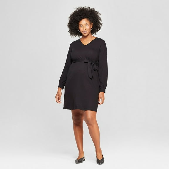 Isabel Maternity by Ingrid & Isabel Women's Maternity V-Neck Tie Front Long Sleeve Dress - Black - (Large)
