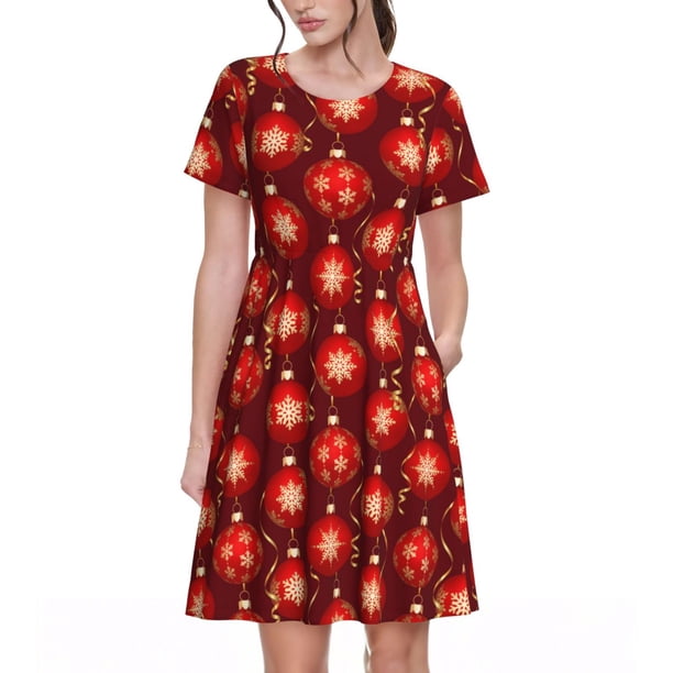 Balery Christmas Red Balls Vestidos sueltos de manga corta para mujer, vestidos de verano 2025, vestidos casuales de corte A con vuelo.