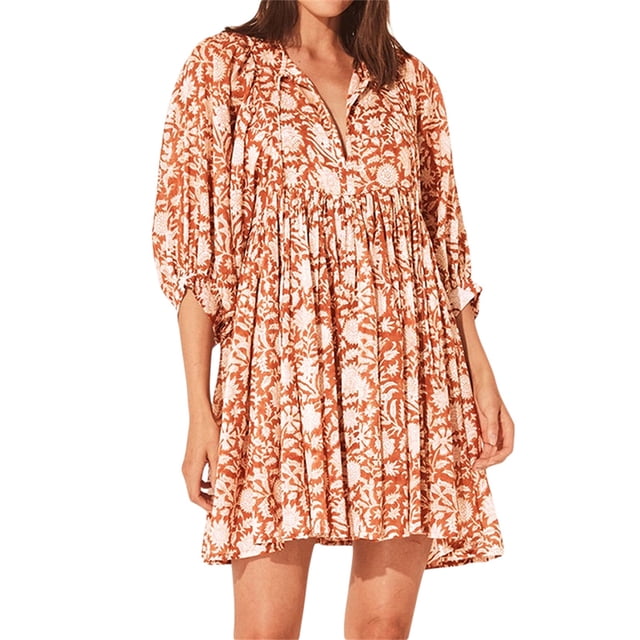Kmbangi Femmes Robes d'Été 2023 Demi-Manche Laçage Imprimé Floral Plissé en Vrac Robe de Plage Décontractée S-XL