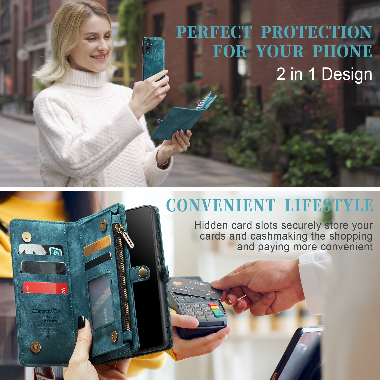 Feishell Durable 2- In-1 Magnetic Detachable Wallet Case for Samsung Galaxy S25,for Women Men,Premium PU Leather Zipper Pocket Flip Multi Card Slots Purse Phone Case with Wrist Strap,Green