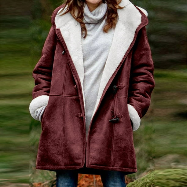Abrigo informal de manga larga con capucha y chaquetas para mujer, abrigo de terciopelo liso de talla grande para invierno, abrigo de manga larga con bolsillo y hebilla de cuerno para mujer