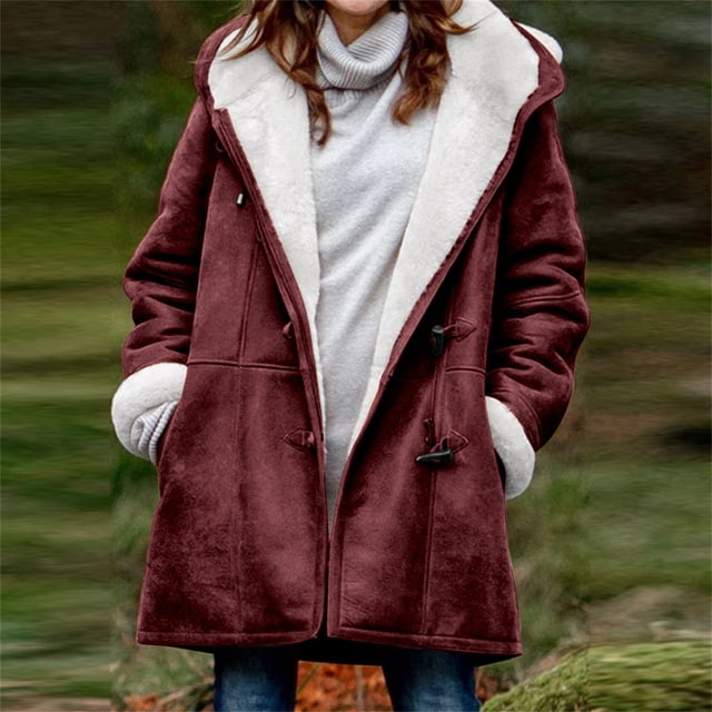 DPTALR Women Winter Plus Size Solid Plus Velvet Coat Long Sleeve Horn Buckle Pocket Overcoat Tops