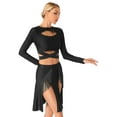 thumbnail image 3 of iEFiEL Womens Modern Lyrical Dance Costume Latin Performance Outfit Long Sleeve Crop Top with Split Tassel Skirt Black XXL, 3 of 7