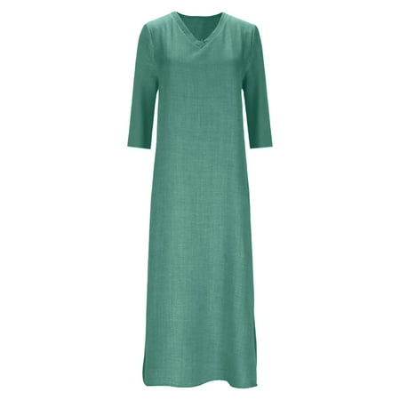 DGMIOCS Women s Dress Loose Fit V Neck Midi Dress Pure Color Versatile Layering Dress Three Quarter Sleeve Comfortable Daily Wear Green XXL