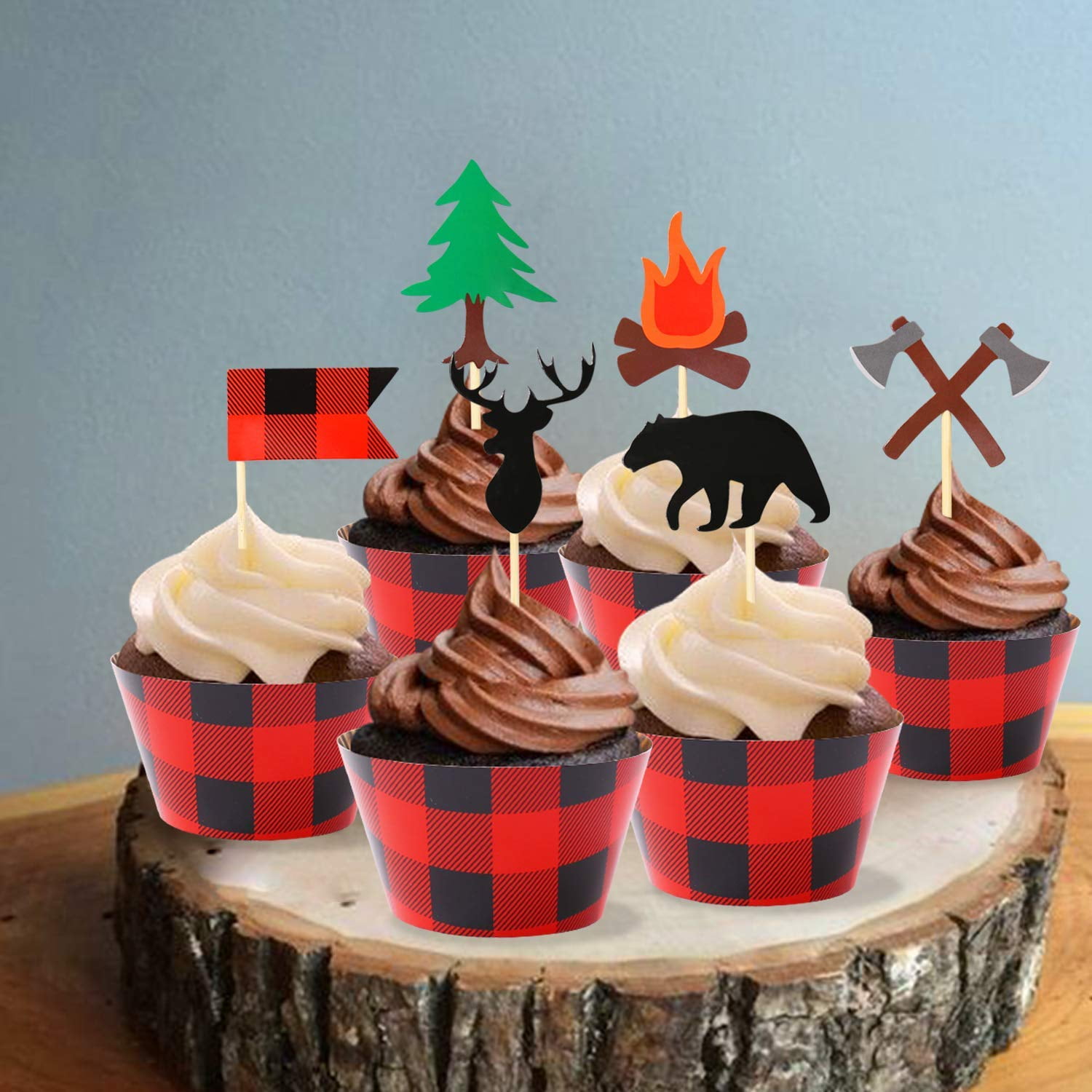 24 Pack Camping Cupcake Toppers Wood Grain Buffalo Plaid Wrappers Woodland Theme Party Decoration Supplies