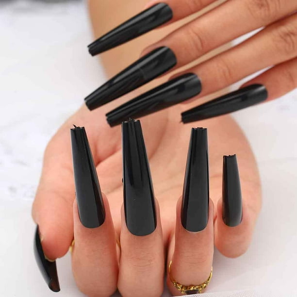 XXL Extra Long Press on Nails Coffin Black Glossy Fake Nails with