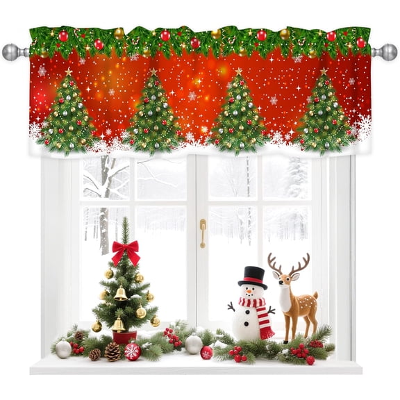 Christmas Curtain Valance for Windows Pine Tree Xmas Green Leaves Winter Holiday Snowflake Rod Pocket Window Treatments 1 Panel Short Curtains for Kitchen Windows Bathroom Bedroom,54 x 18 Inch