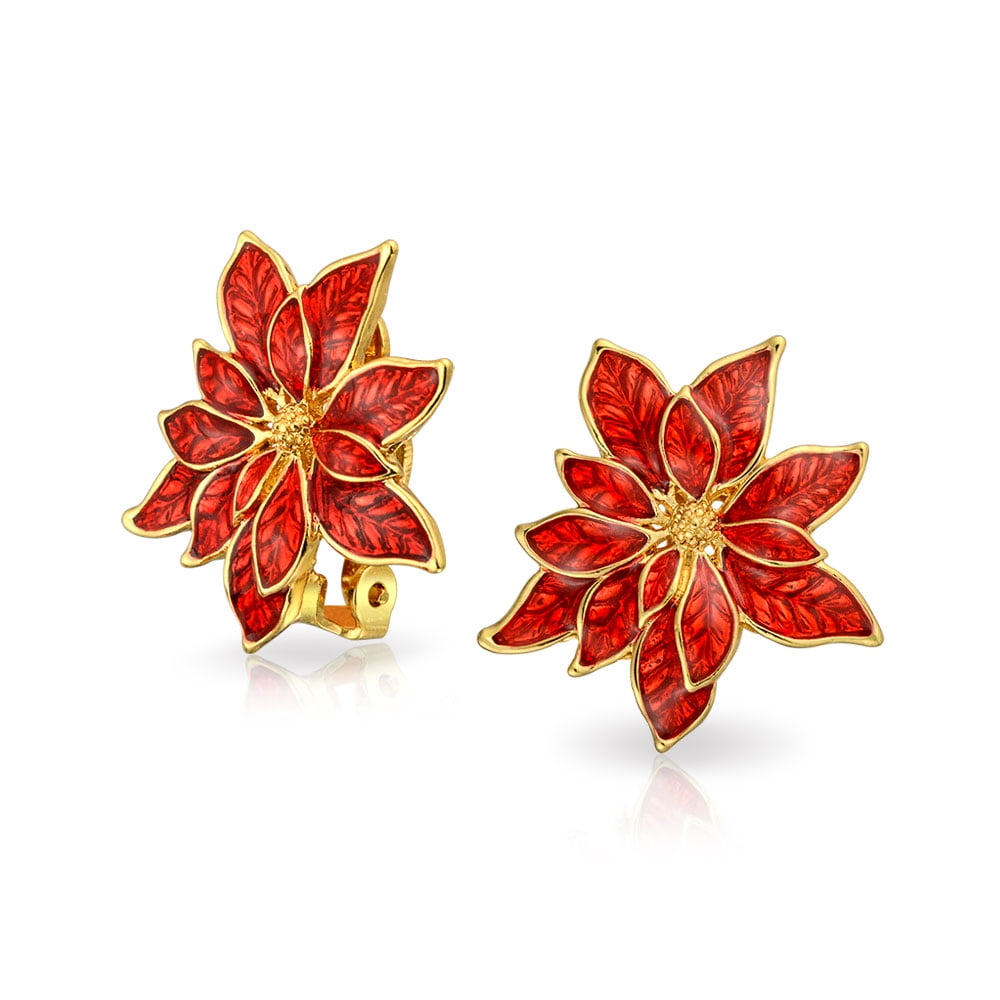Bling Jewelry Christmas Holiday Red Enamel Flower Shape Poinsettia