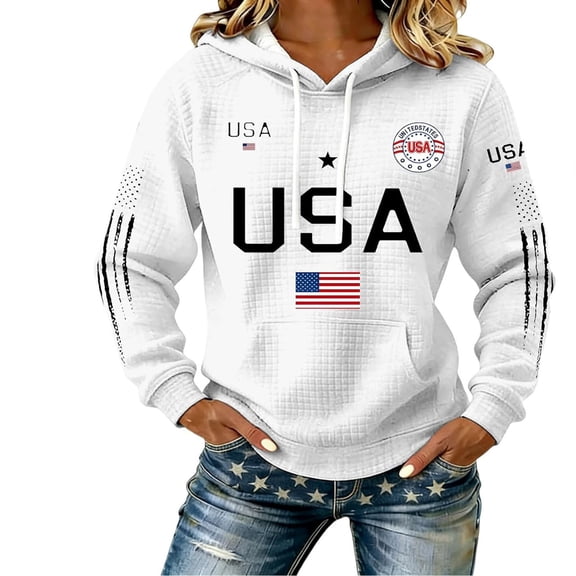 YAYUBA USA Hoodie Women Men Unisex Casual Graphic Patriotic American Flag Pullover Hoodie July 4th Drawstring Sweatshirt Size XL, White