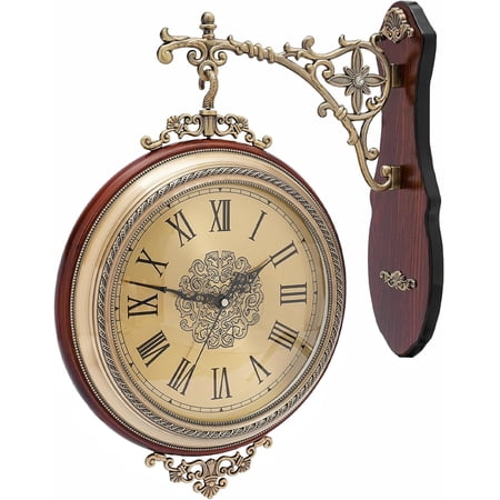 Vintage Style Double Sided Clock 12In Antique Wall Clock, Industrial Wall Decor Clock Unique Round Wall Hanging Clocks for Home Office Entrances Hotels & Cafe (Brown)| US Stock
