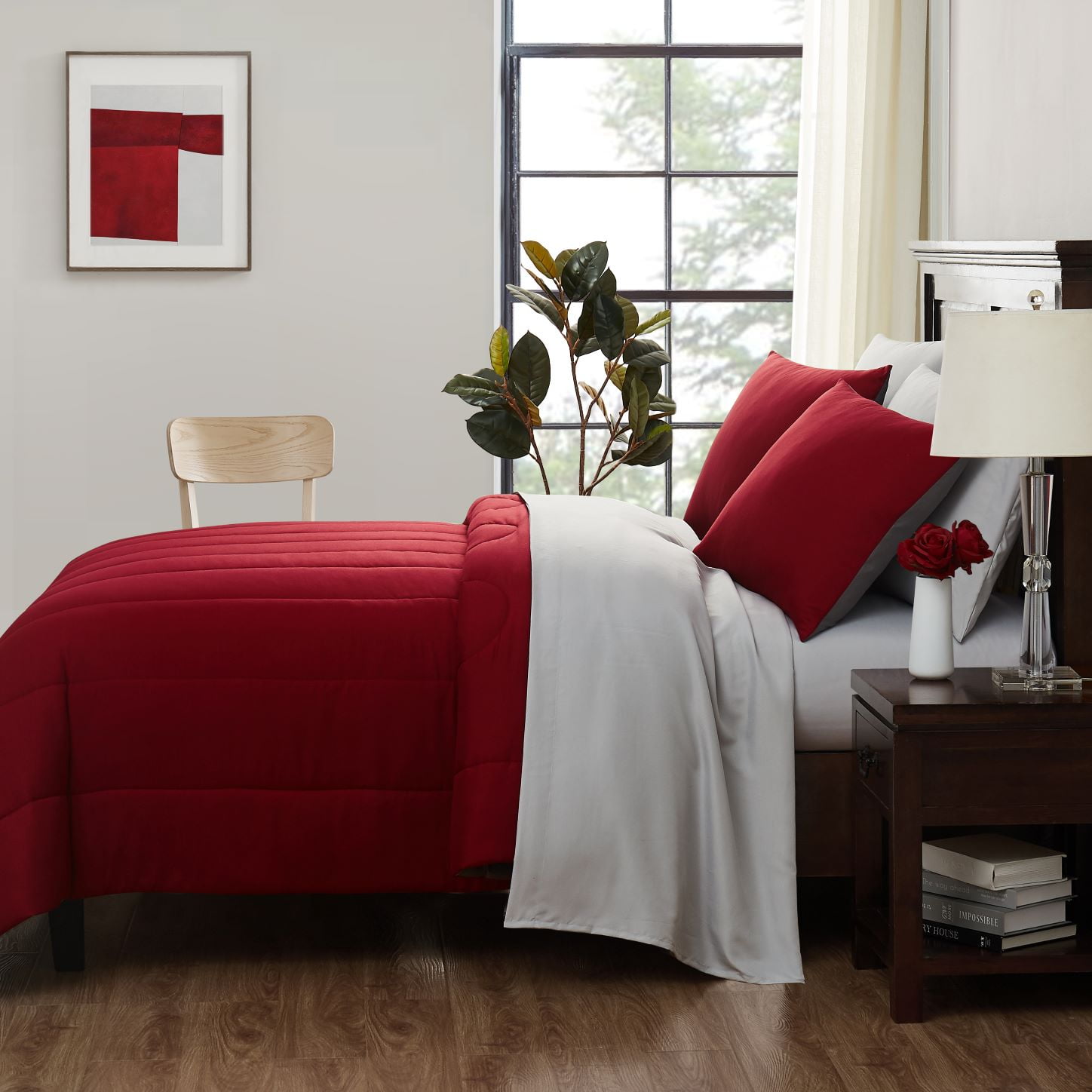 Mainstays 7-Piece Reversible Bed-in-a-Bag Comforter Set with Sheets, Red, King