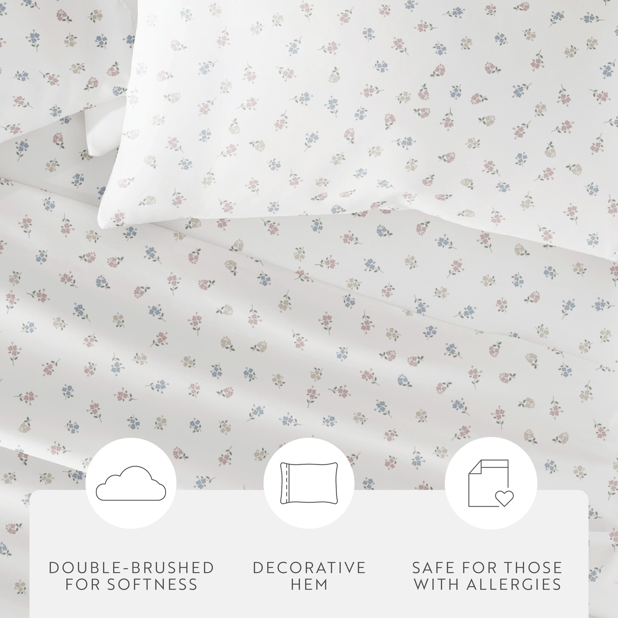 Noble Linens 3 Piece Ditsy Pattern Microfiber Bed Sheets, Multicolor Floral, Twin