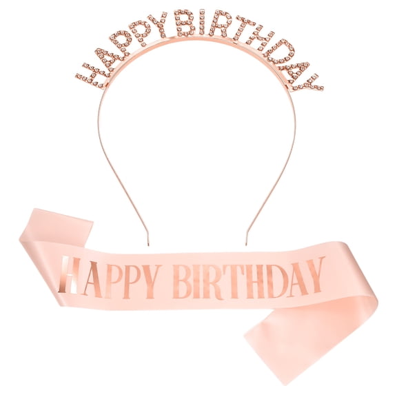 Uxcell Birthday Crown and Sash, Birthday Sash for Women Rhinestone Tiara for Party Favor Decorations Gifts, Pink-Rose Gold