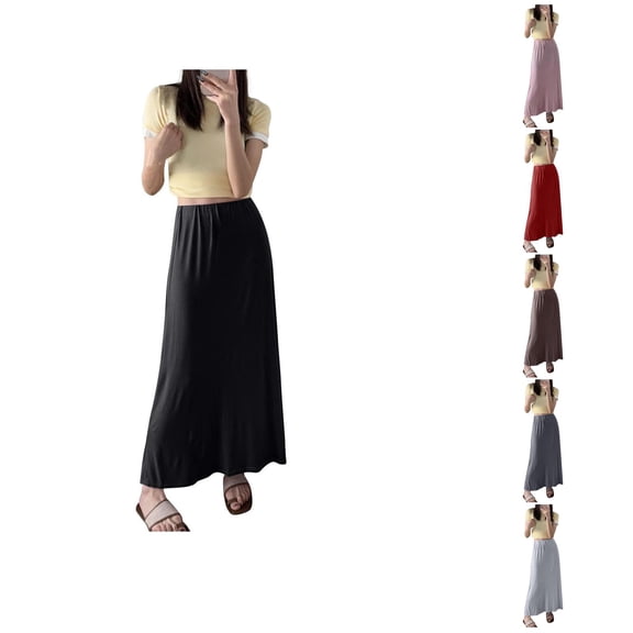 Ahuyic Womens Summer Casual Dress,Womens Plus Size Dress,Womens Solid Color Casual Elastic Waist Leisure Ankle Skirt,Black,Free Size