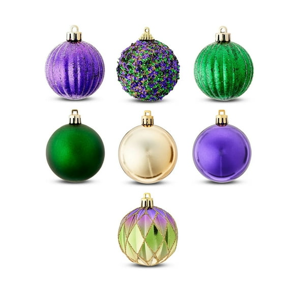 Mardi gras Mardi Gras Multicolor Shatterproof Ball Ornaments, 7 Count Box Set NOLA, New Orleans Ornament Christmas Holiday Bourbon st French Quarter 504 NOLA Garland Wreath Decoratio