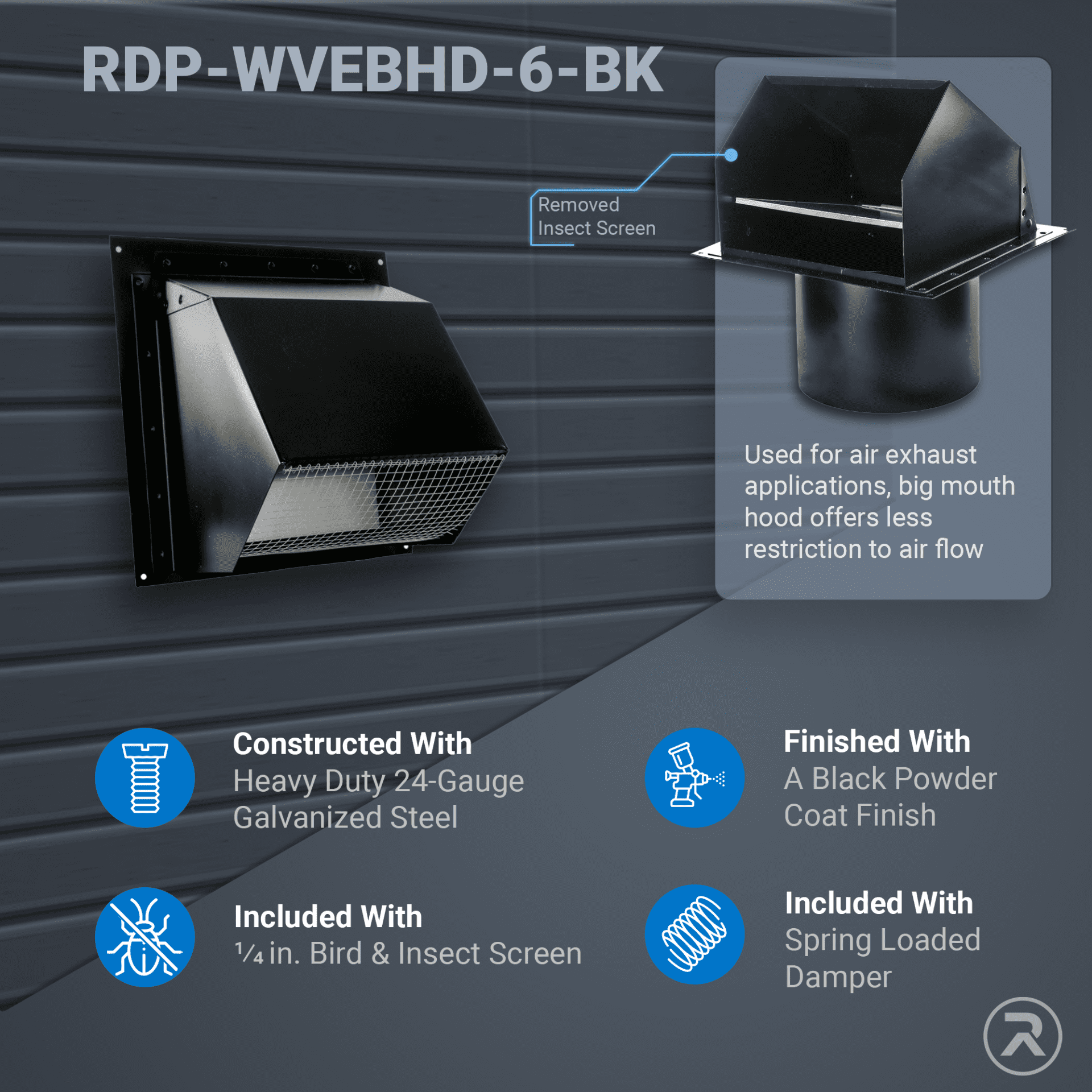 RDP Heavy Duty Hooded Wall Vent with Spring Loaded Damper and Screen (6 inch, Black)