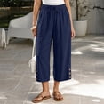 thumbnail image 2 of LEAVINGSUO Linen Pants for Women Solid Color Casual Decorative Button Drawstring Capri Trousers Navy XL, 2 of 8