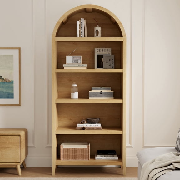 Joyyskill Tall Arched Bookshelf, 5-Tier Farmhouse Open Display Cabinet, 71" Modern Wood Bookcase with Adjustable Shelves, Natural Oak