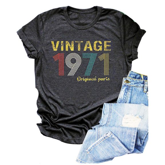 Womens Short Sleeve Tops Vintage 1971 Print Round Neck Basic Fashion Tee Casual Short Sleeve Vacation T Shirts