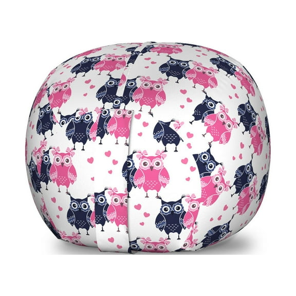 Owl Storage Toy Bag Chair, Valentines Animals Lovebirds Boy and Girl Bird Motifs on Plain Backdrop, Stuffed Animal Organizer Washable Bag, Small Size, Navy Blue Pink and White, by Ambesonne