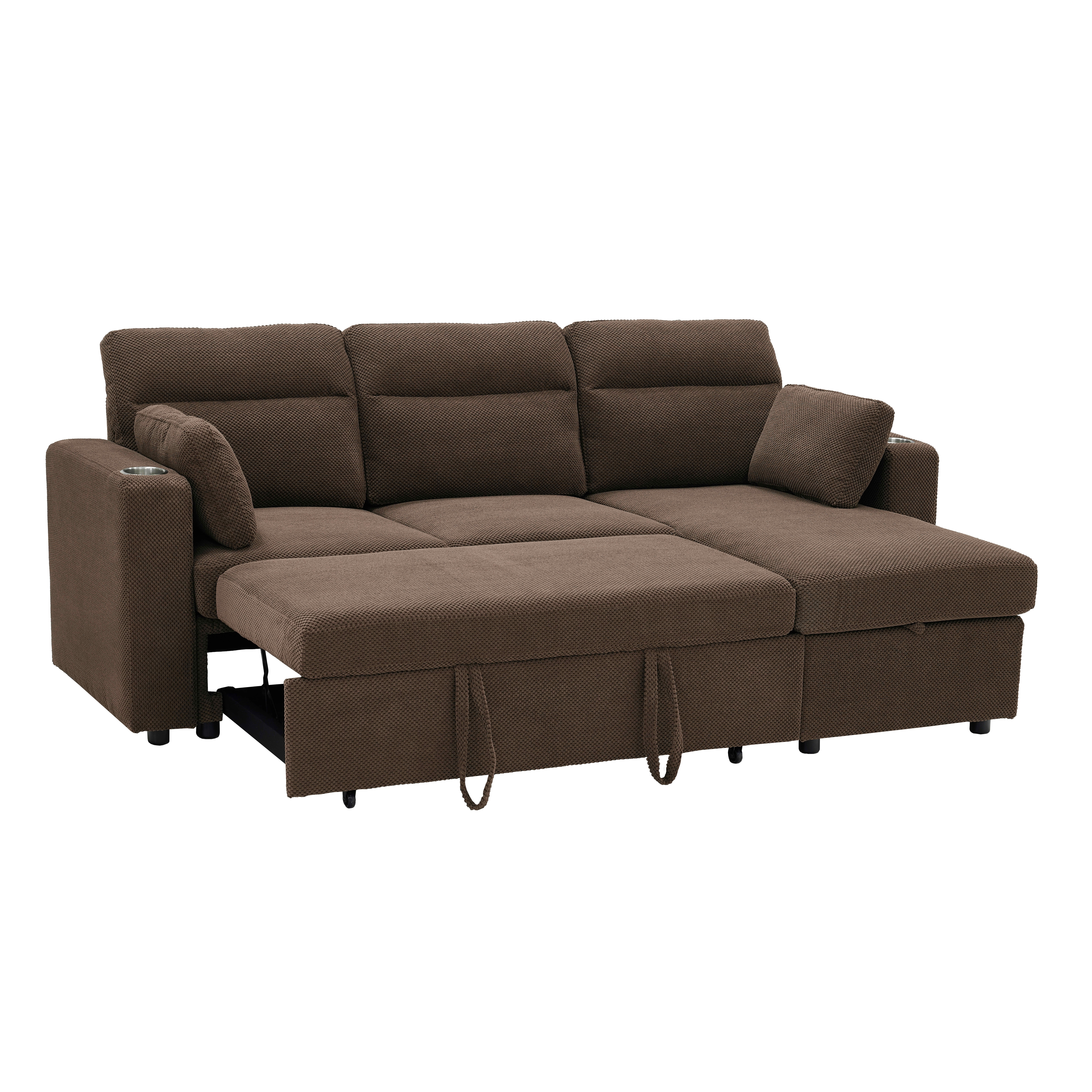 MAYEERTY 82.5 Inch L‑Shaped Pull‑Out Sectional Sofa Bed, Convertible Sleeper Couch with Storage Chaise, Cup Holders & 2 Pillows for Apartments