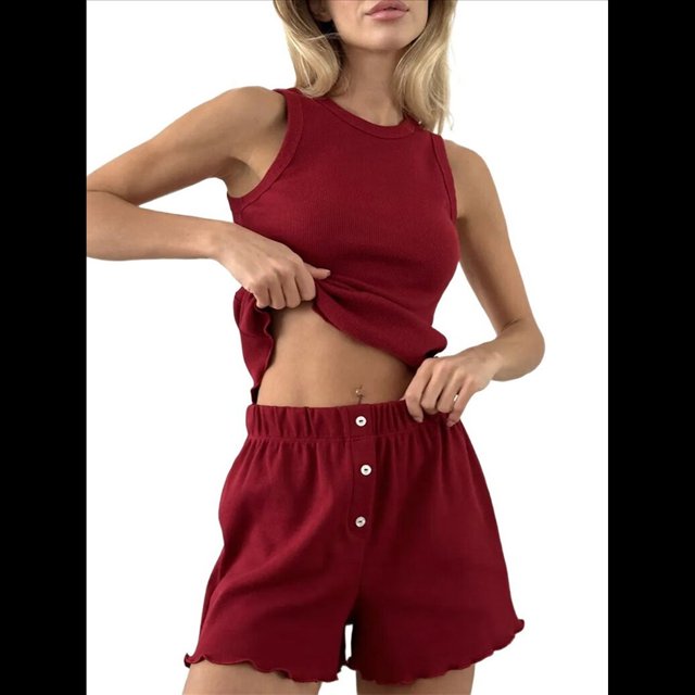Conjuntos de Dos Piezas de Verano para Mujer: Top Corto Sin Mangas y Pantalones Cortos Casuales, Rojo, Talla L
