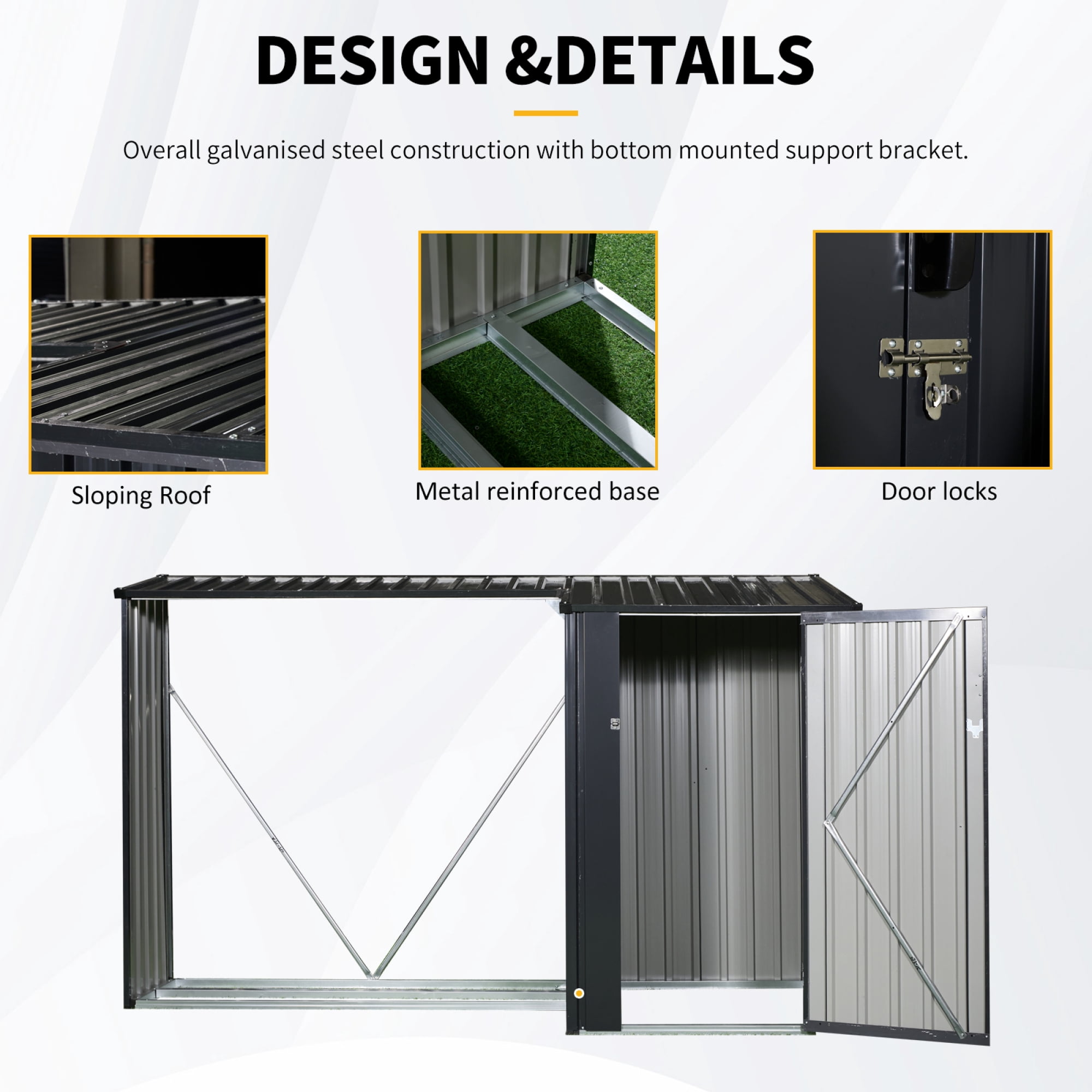 Leumius Outdoor Steel Firewood Rack and Metal Storage Shed,Two-In-One for Backyard, Patio, Lawn Black